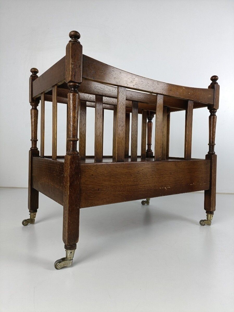 Carved Wooden Magazine Rack Newspaper Basket On Wheels English Regency Vintage D photo vintage