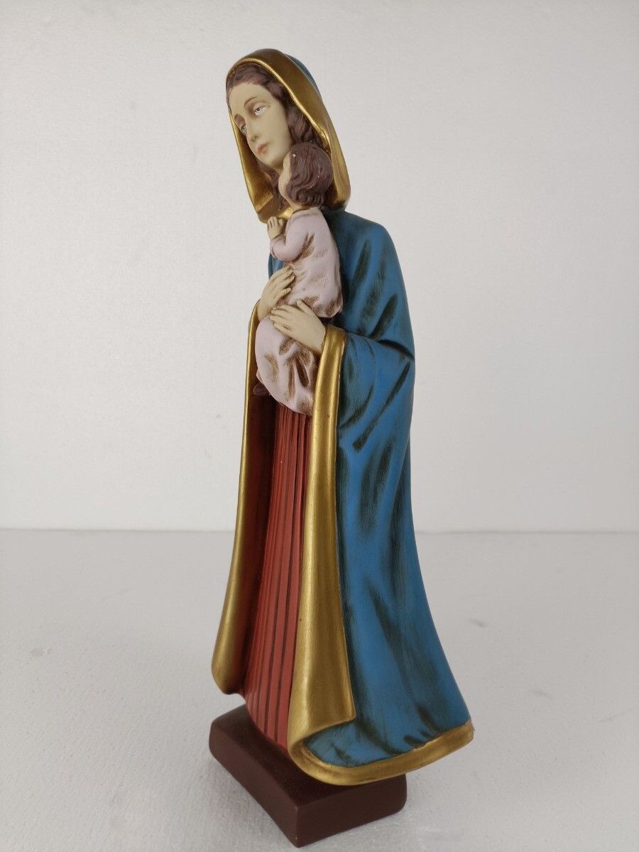Virgin Mary Madonna Infant Child Plaster Statue Signed Fuortinati Guelfi Polychr photo Art