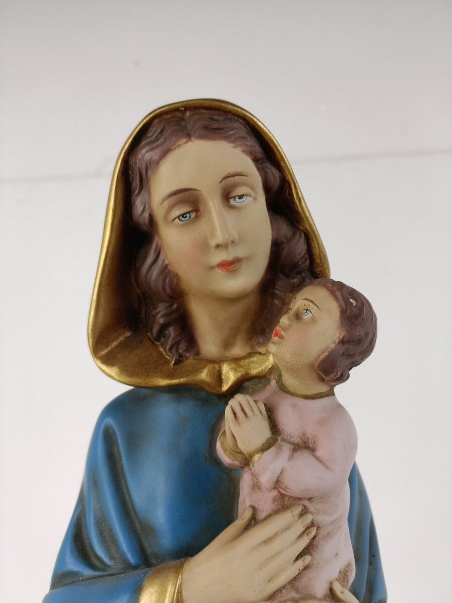 Virgin Mary Madonna Infant Child Plaster Statue Signed Fuortinati Guelfi Polychr photo vintage