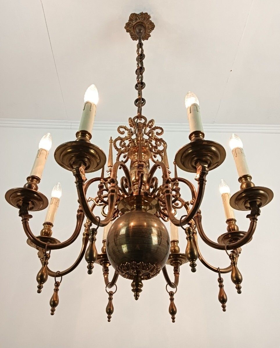 Lighting Antique Flemish Chandelier Bronze Signed Cast By  Brondel Bruges Stunning Piece photo