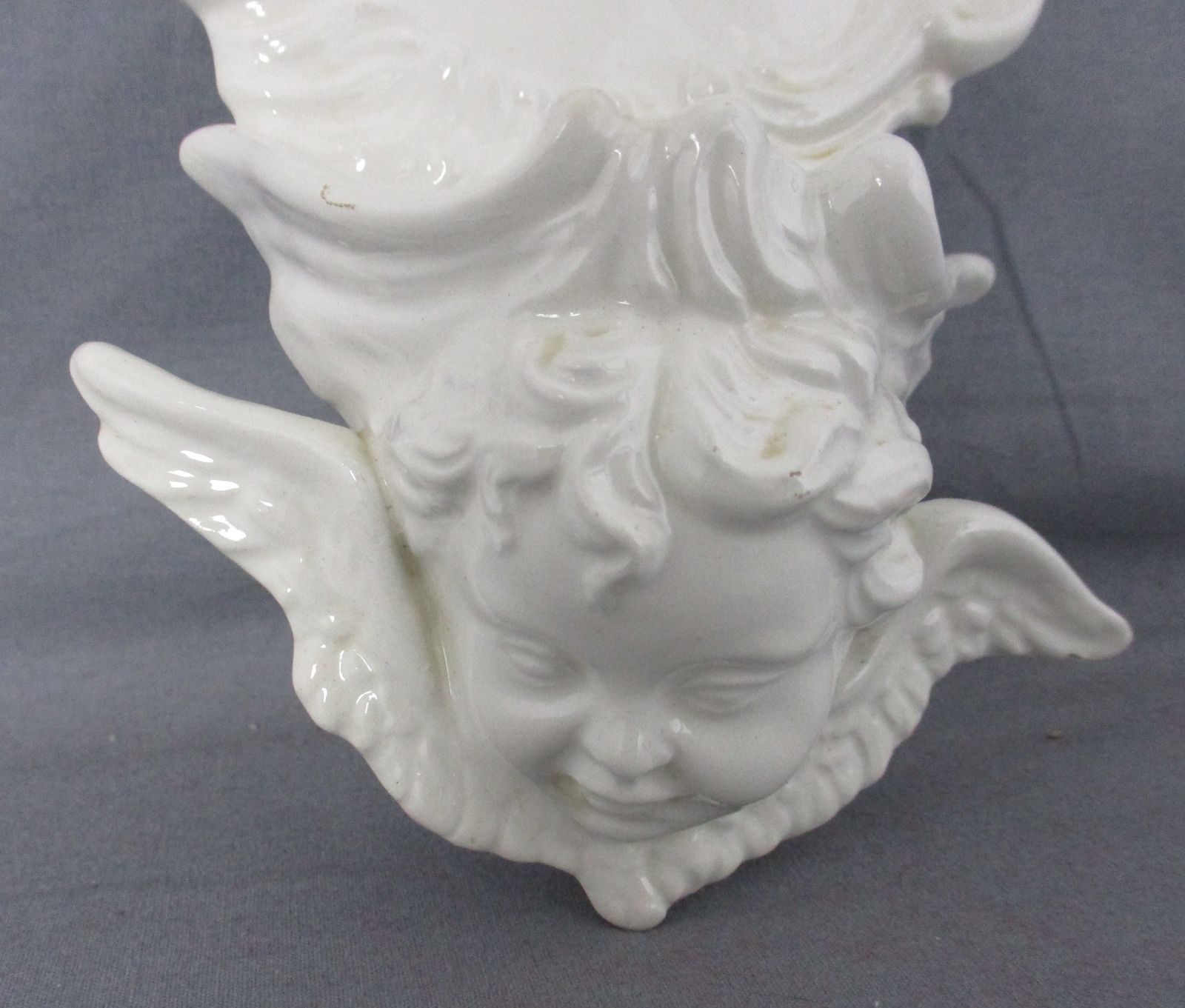 Antique  Holy Water Font Vessel Bisque Angel White Lovely Collector Htf
