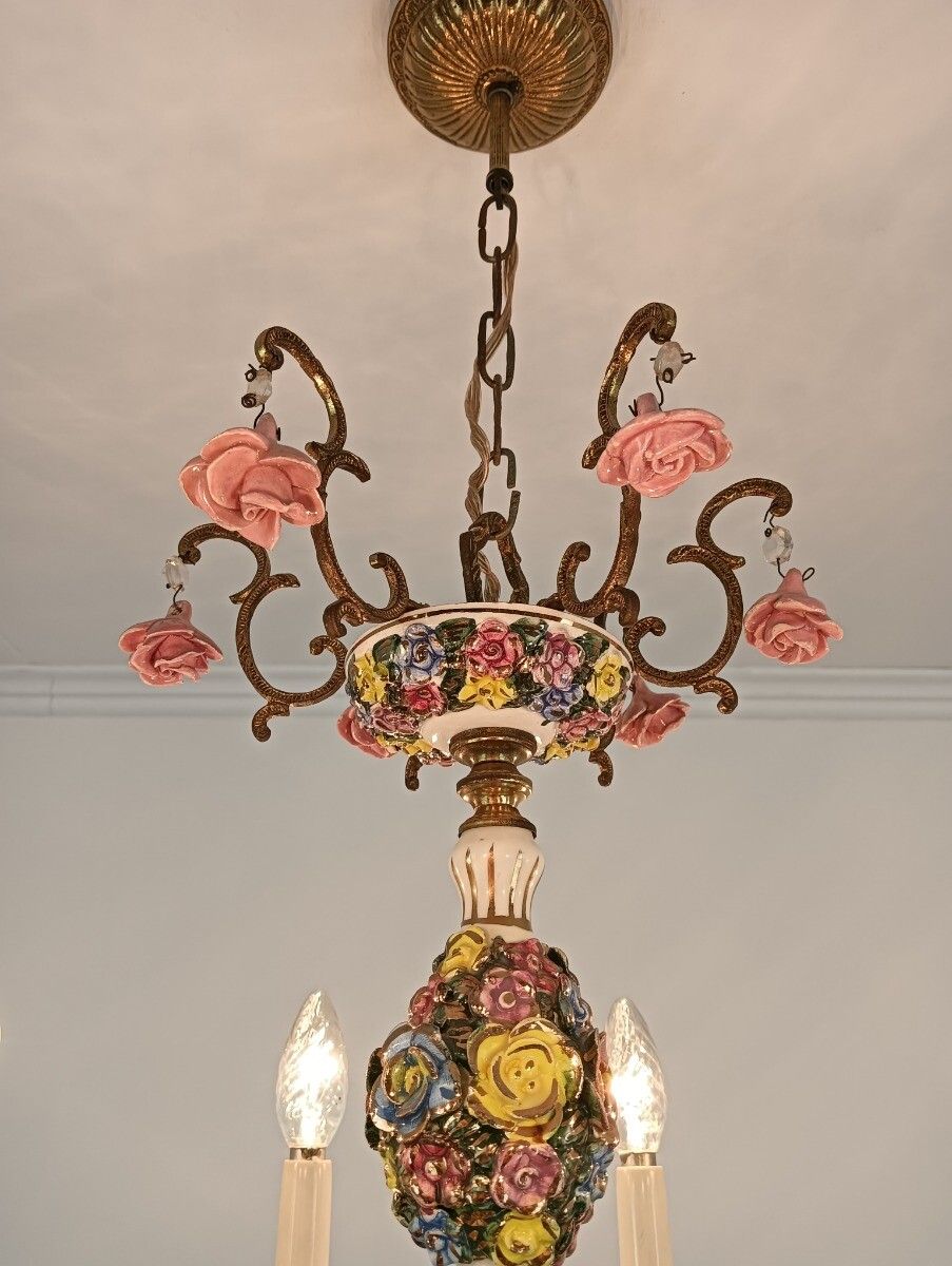 Xl Chandelier Porcelain Flowers Polychrome Brass Italy 8 Lights Arm Gorgeous Vin photo furniture