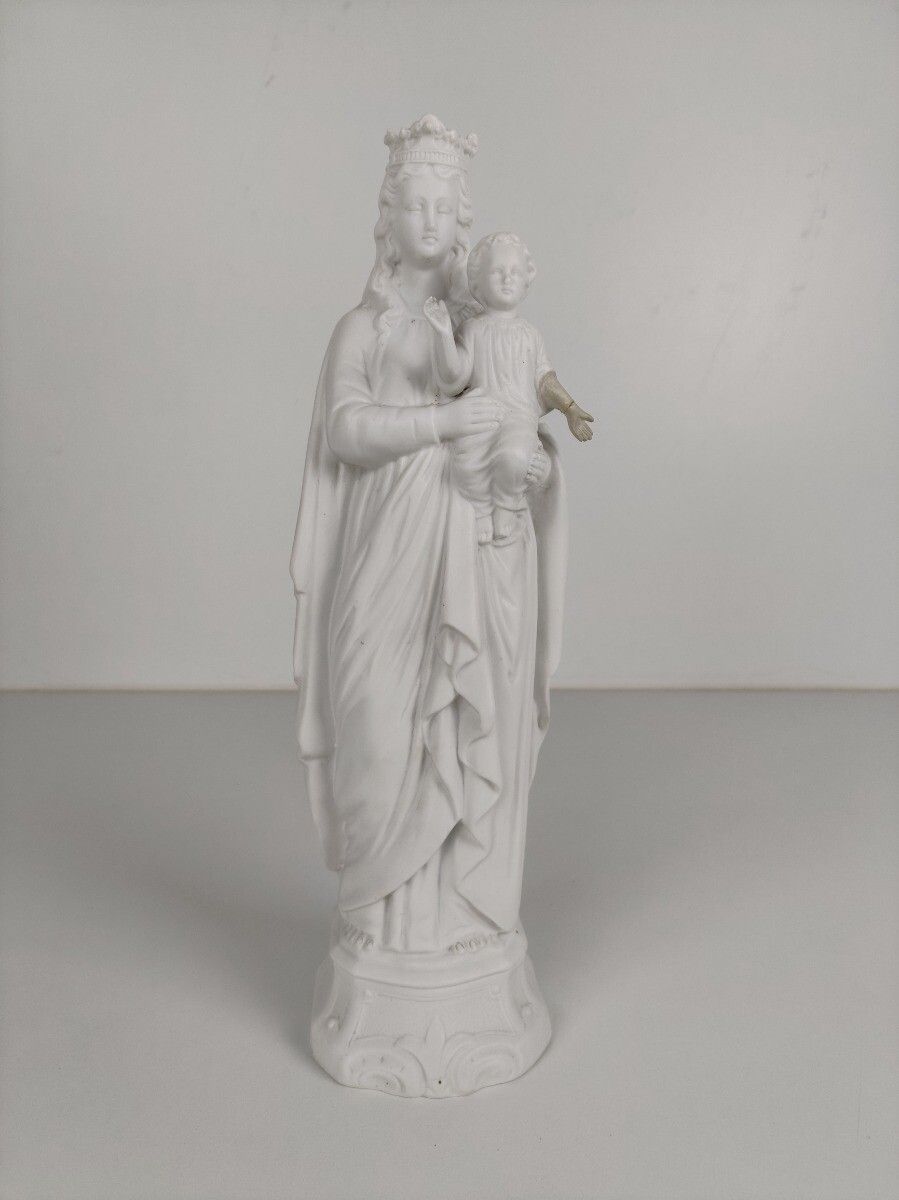 French Antique 1900 Bisque Statue Virgin Mary Our Lady Infant Jesus Exquisite photo furniture