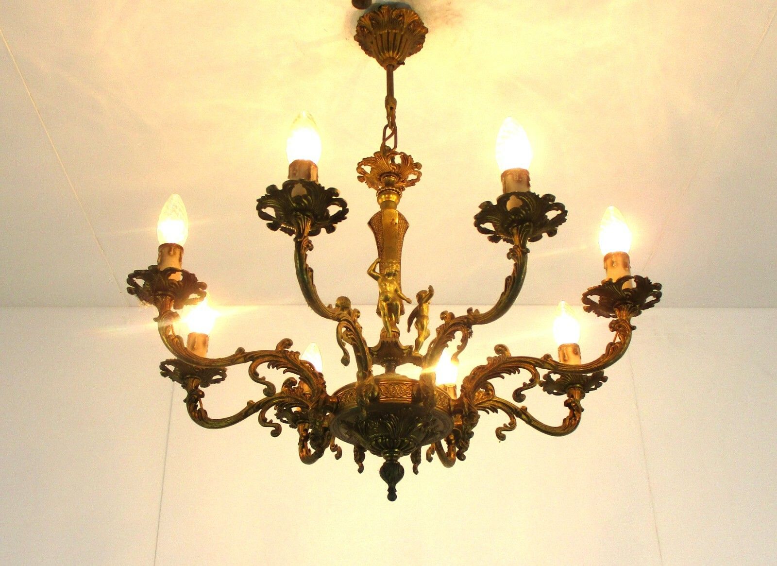 Stunning Chandelier 8 Lights Arm Putti Cherubs Hollywood Regency Ornate  Brass photo for sale