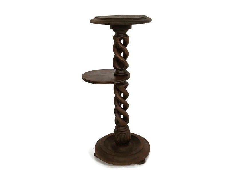 Open Barley Twist Carved Wooden Pedestal Plant Stand Two Tier Side Table Beautif