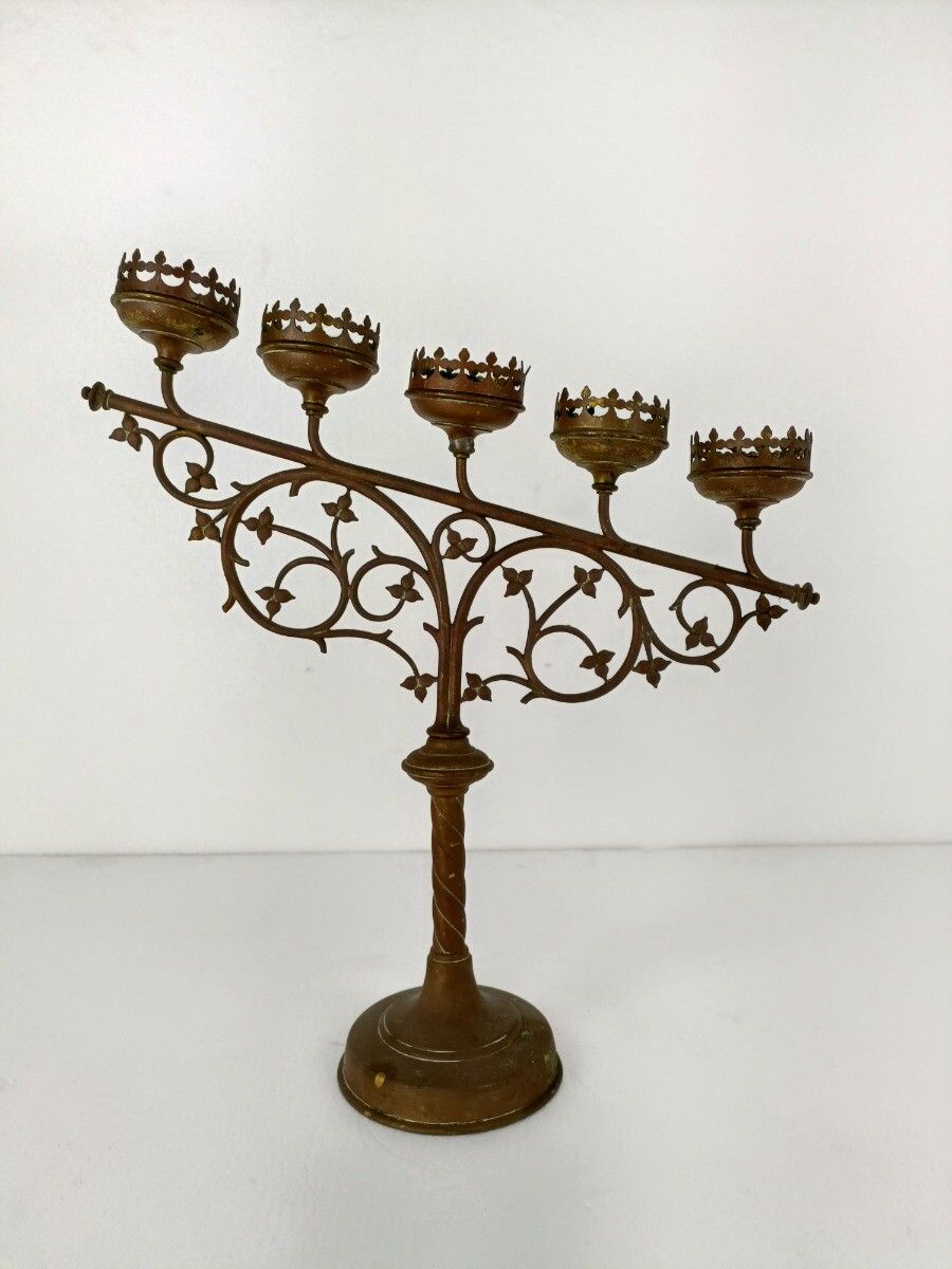 Candle Holder Brass Ornate Hollywood Regency Style Stylish Candelabra Leafs 5 Ar photo vinterior