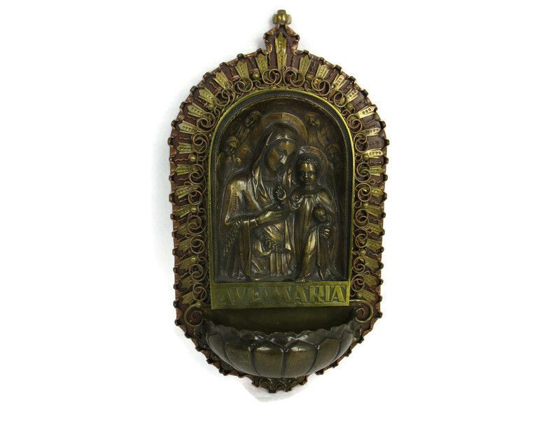 Holy Water Font Vessel Madonna And Infant Art Piece Verlinden Bronze Ave Maria