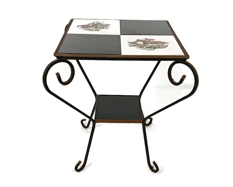 Vintage Side Table Plant Stand Mosaic Tiles Wrought Iron Hunt Horses  Retro