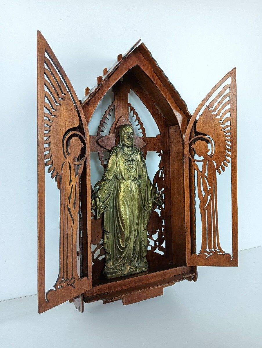 Vintage Bronze Statue Jesus Christ Holy Heart Signed In Folk Art Wooden Chapel N photo for sale