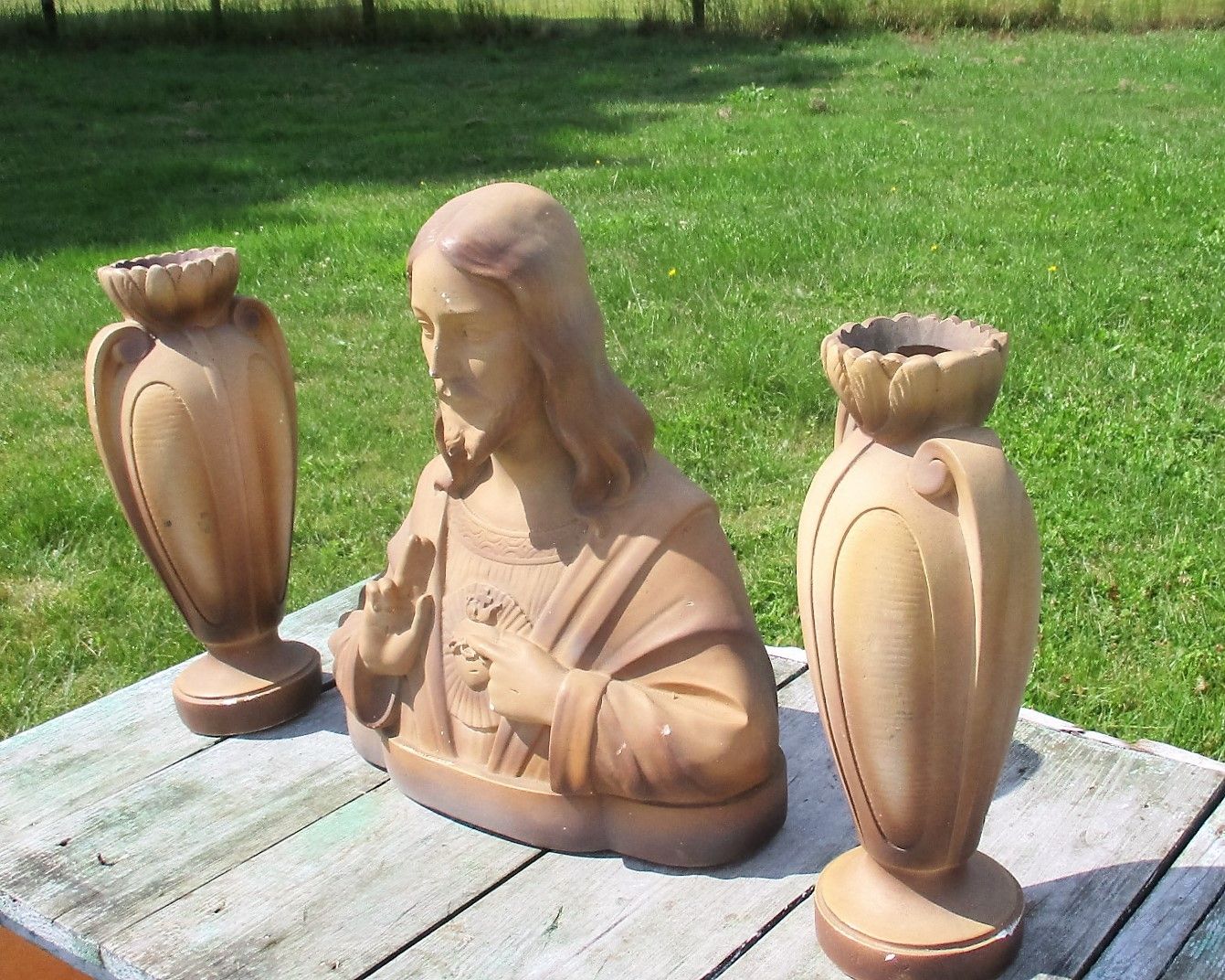 Plaster Statue  Bust Jesus Christ 2 Matching Vases Urn Brown Holy Heart Marked photo furniture