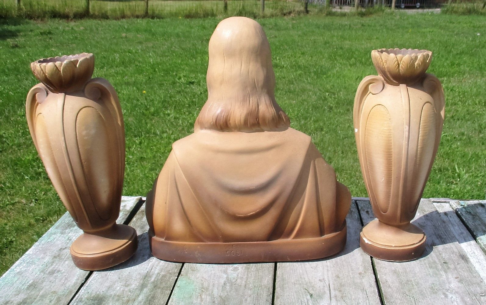 Plaster Statue  Bust Jesus Christ 2 Matching Vases Urn Brown Holy Heart Marked photo buy