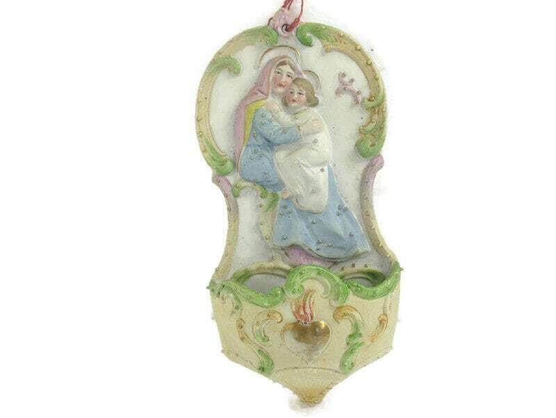 Porcelain Bisque Holy Water Font Vessel Virgin Mary And Infant Jesus Wall Hang