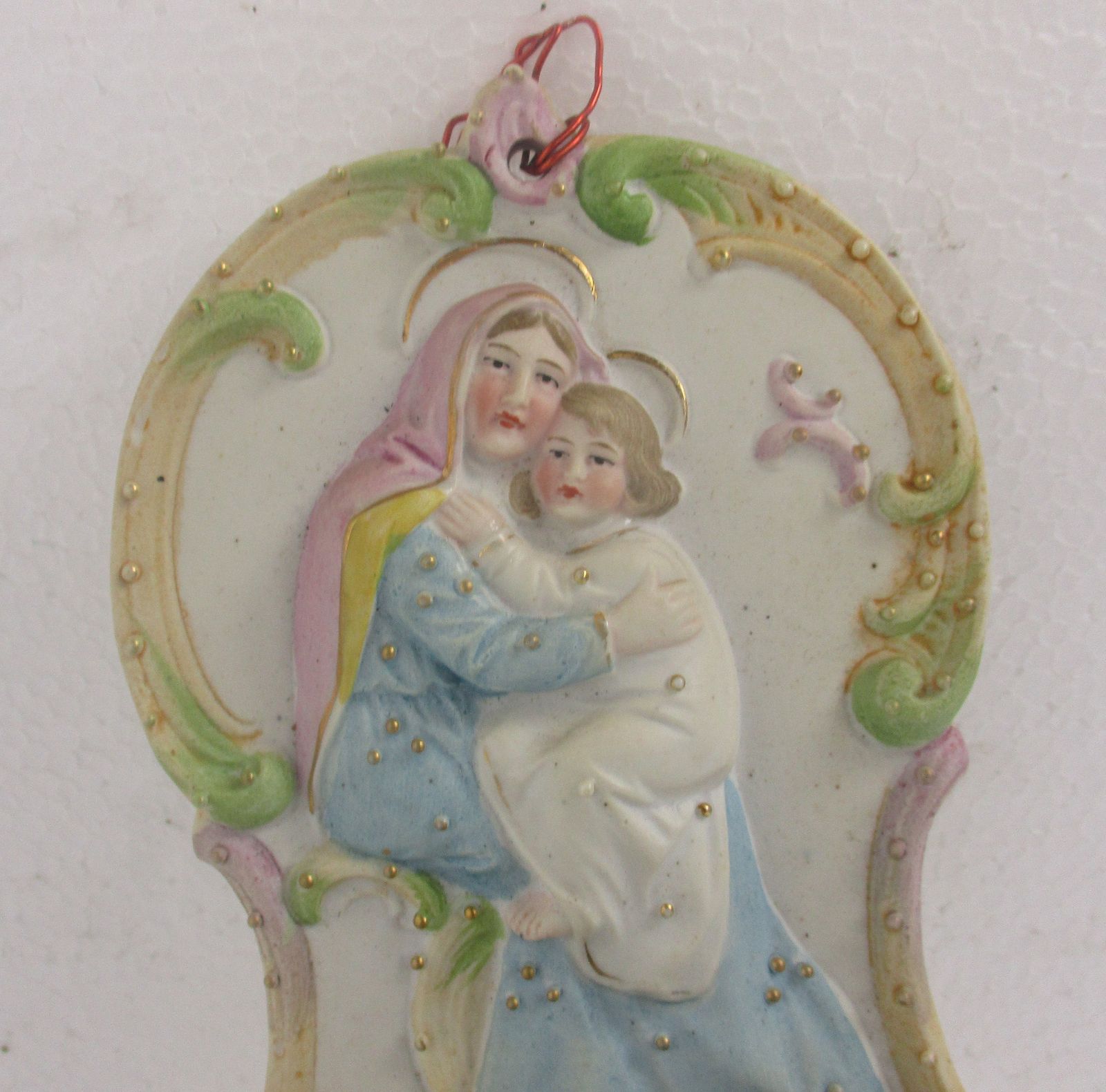 Porcelain Bisque Holy Water Font Vessel Virgin Mary And Infant Jesus Wall Hang photo furniture