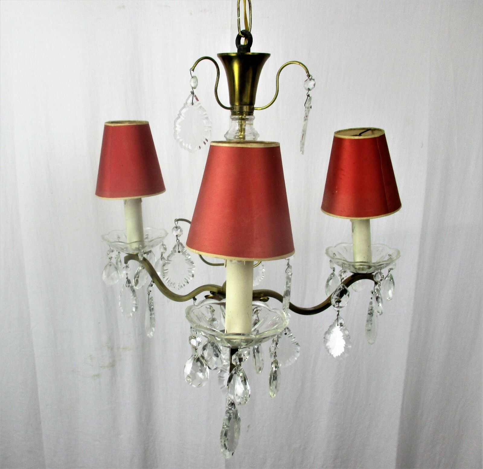 Brass Ornate Chandelier 3 Arms Lights Prisms Hollywood Regency Empire Red Shades photo buy