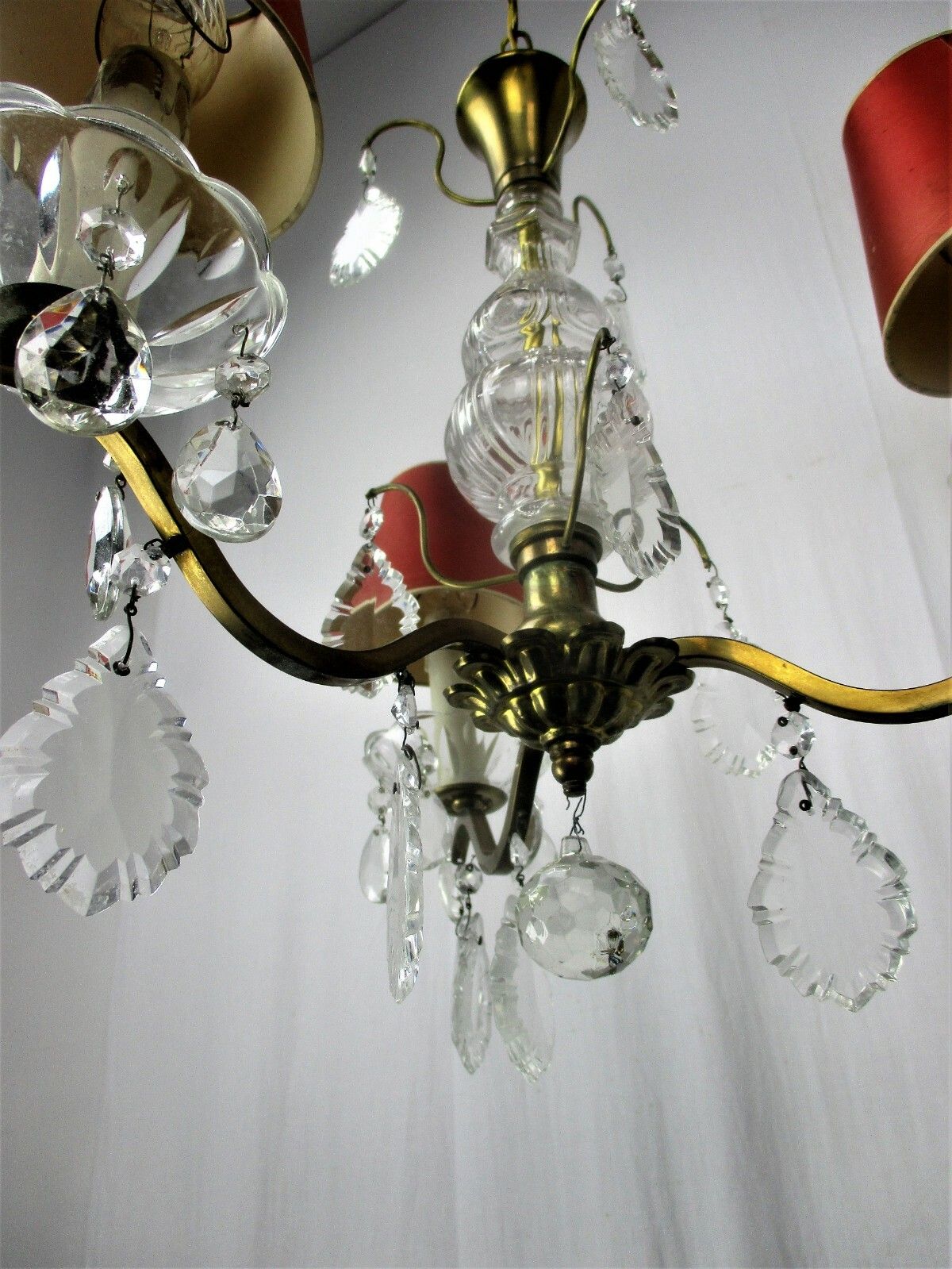 Lighting Brass Ornate Chandelier 3 Arms Lights Prisms Hollywood Regency Empire Red Shades photo