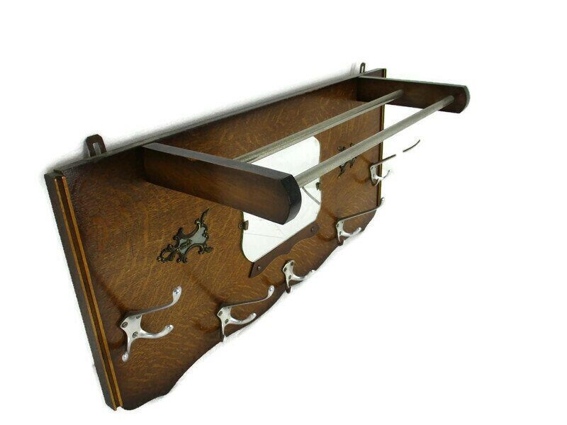 Retro Funky Industrial Railway Wood Wall Shelf Coat Hat Rack  Brass Trims Mirror