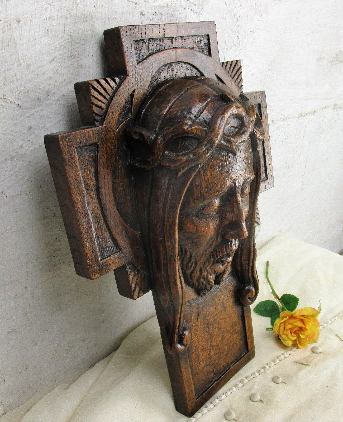 Gorgeous Hand Carved Wood Art Jesus Christ Head Of Thorns Sculpture Crucifix Oak photo vinterior