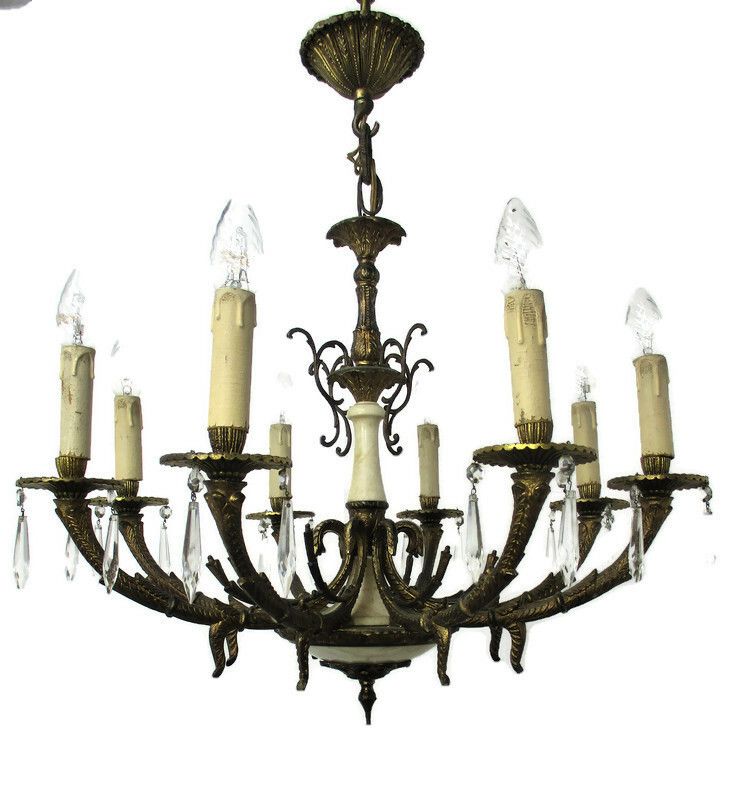 Impressive Chandelier Bronze Marble 8 Lights Arm Ornate Prisms Hollywood Regency