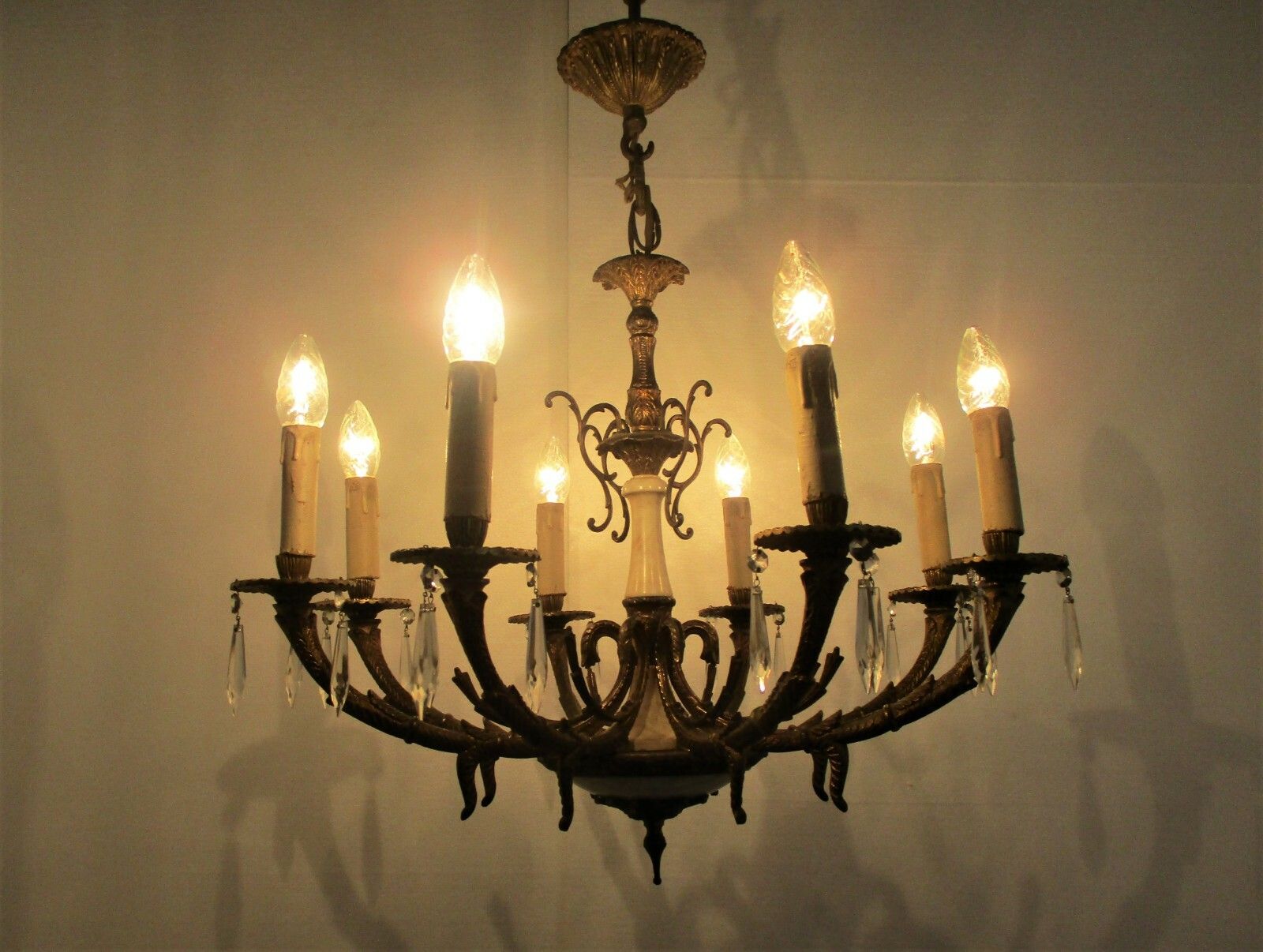 Impressive Chandelier Bronze Marble 8 Lights Arm Ornate Prisms Hollywood Regency photo furniture