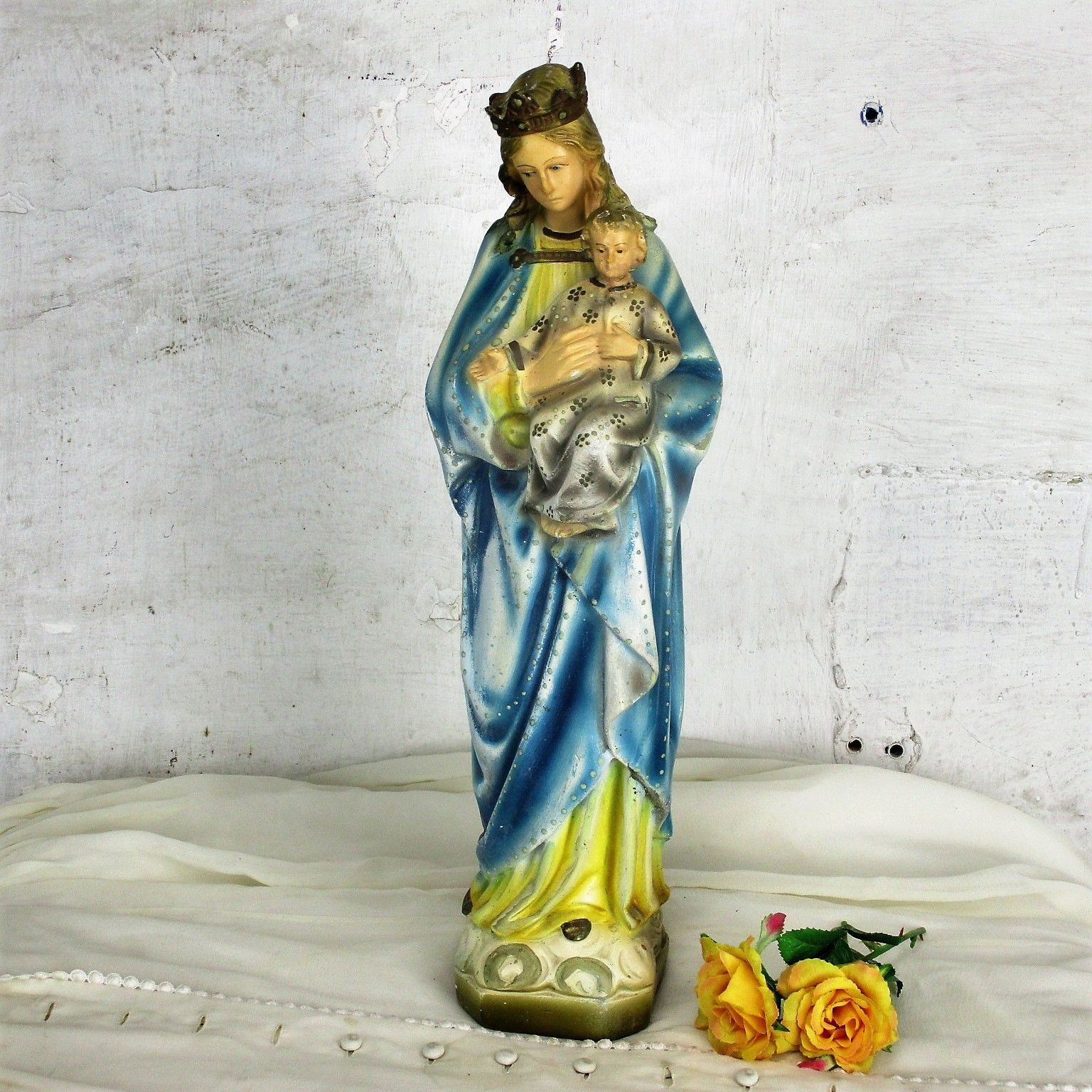 Antique Polychrome Madonna Infant Child Statue Plaster  Neo Gothic 1900 Marked