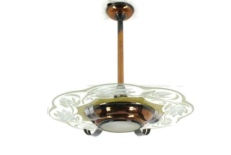 Antique French Art Deco Chandelier Pendant Glass Shade Red Copper 2 Lights