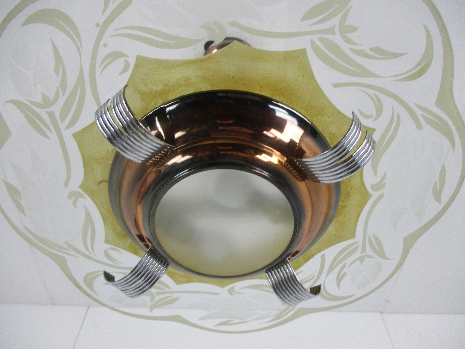 Antique French Art Deco Chandelier Pendant Glass Shade Red Copper 2 Lights photo buy