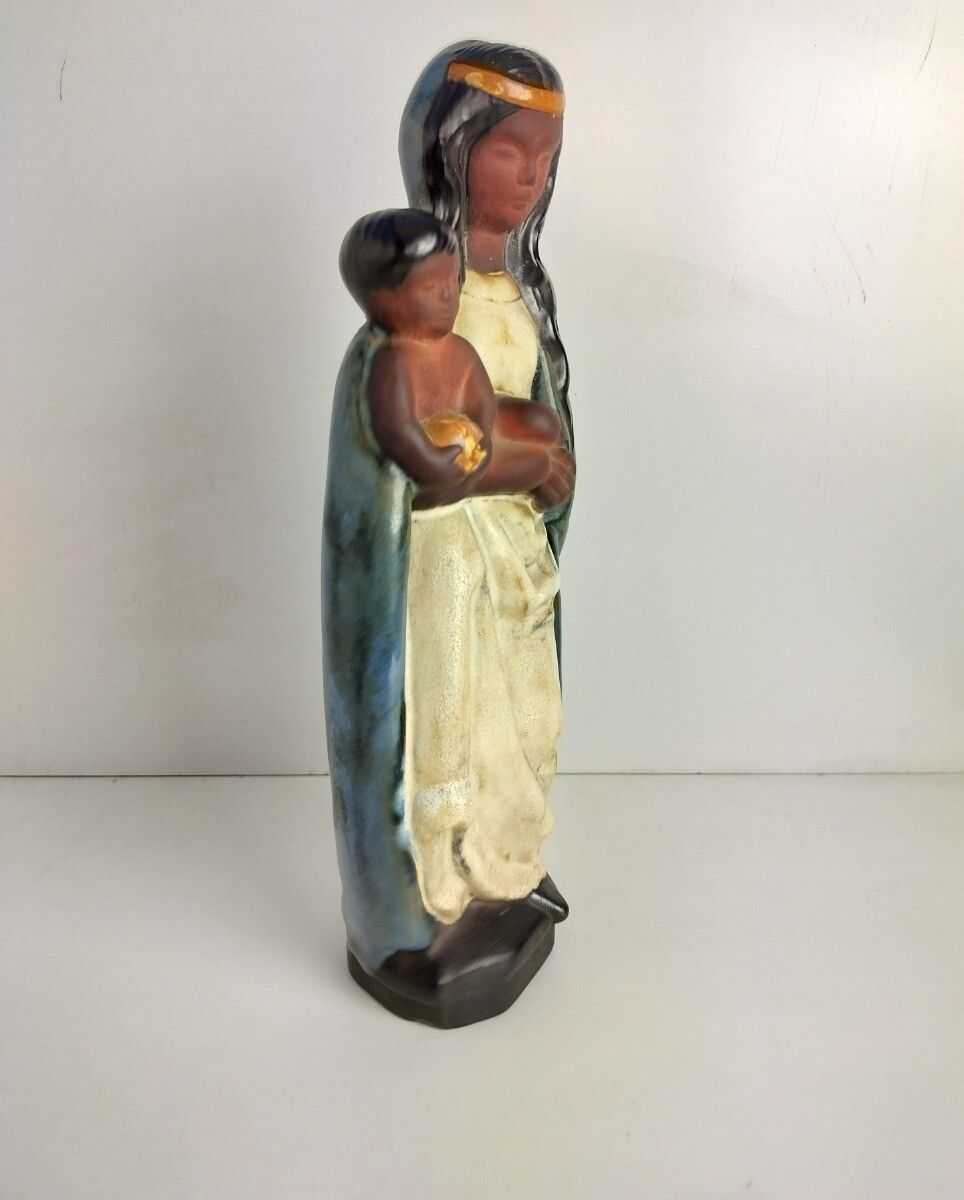 French Majolica Pottery Faience Statue Glazed Polychrome Madonna Virgin Mary Inf photo for sale