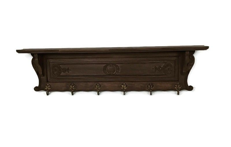 Xl Hand Carved Wood  Coat Hat Kitchen Hallway Rack Antique Dark Colored Hallway