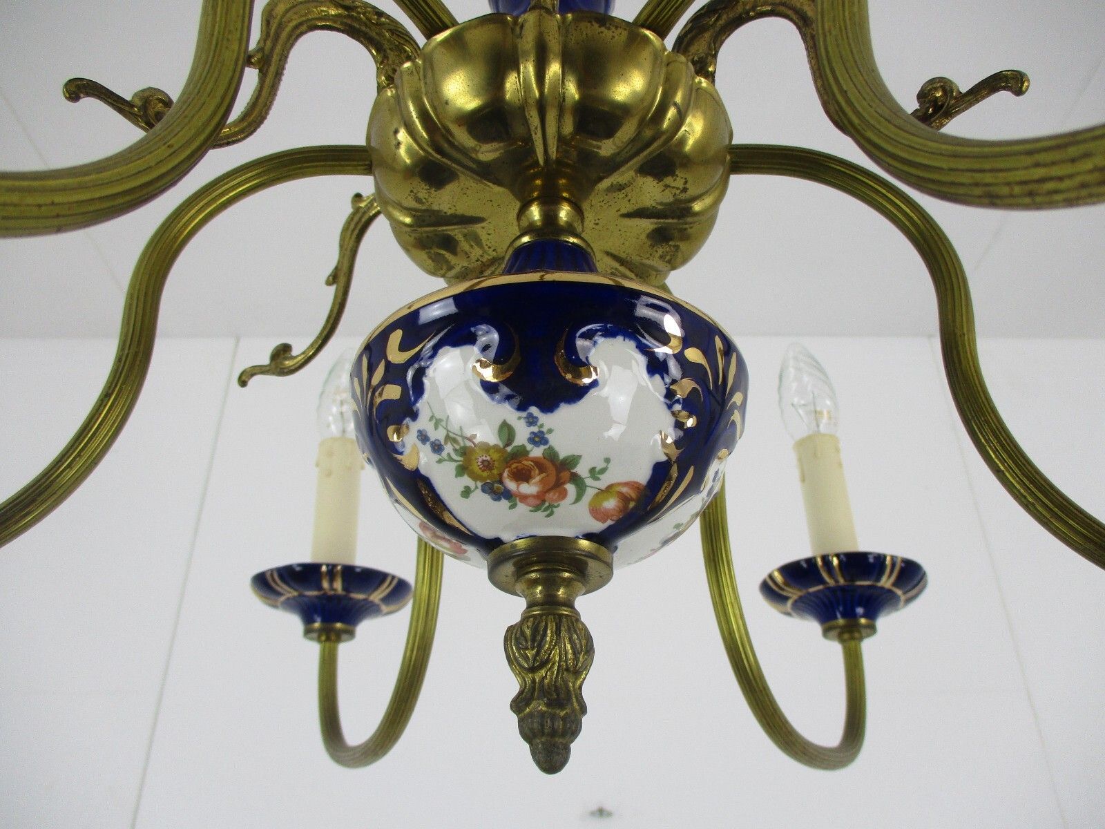 Chandelier 6 Arms Lights Ceramic Porcelain Ceramic Brass Italian Blue Gold Fish photo 427.0