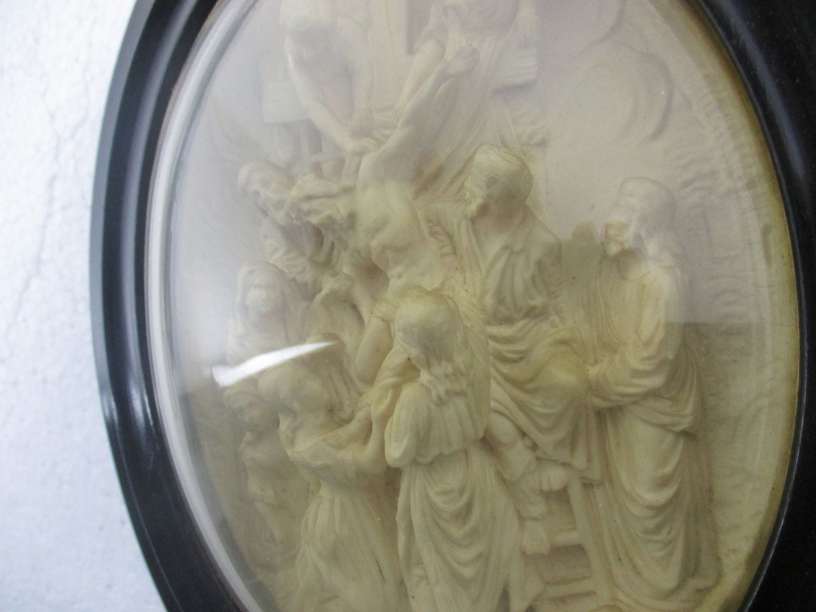 Antique Oval Ornate Wooden Frame  Convex Glass Dome Jesus Christ Descent From Th photo for sale