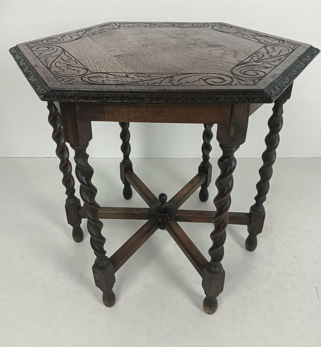 Side Occasional Coffee Table Hand Carved Wood Barley Twist Ornate Sextagon Beaut photo for sale