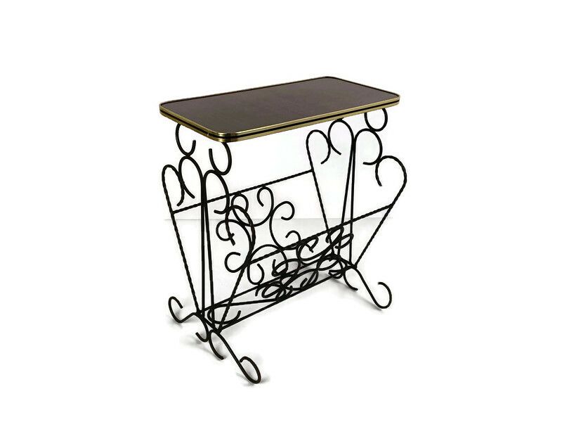 Vintage Mid Century Modern Magazine Newspaper Basket Side Table Wooden Top  Wrou