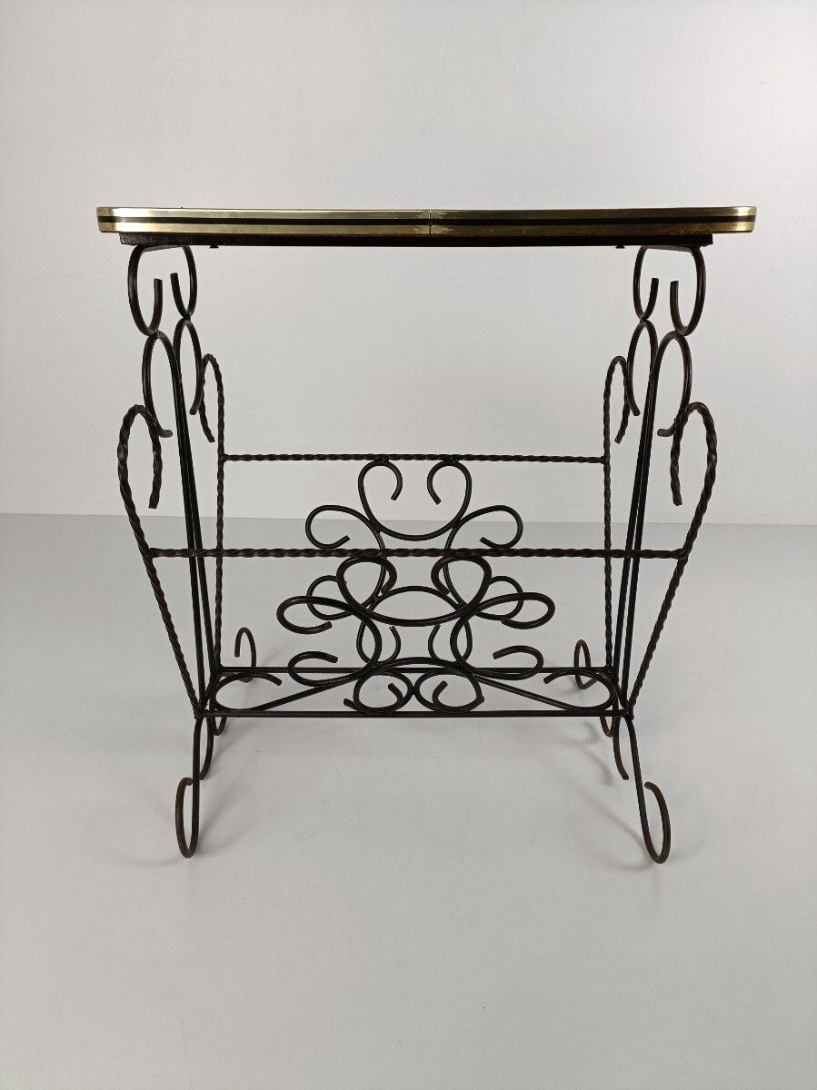 Vintage Mid Century Modern Magazine Newspaper Basket Side Table Wooden Top  Wrou photo 263.0