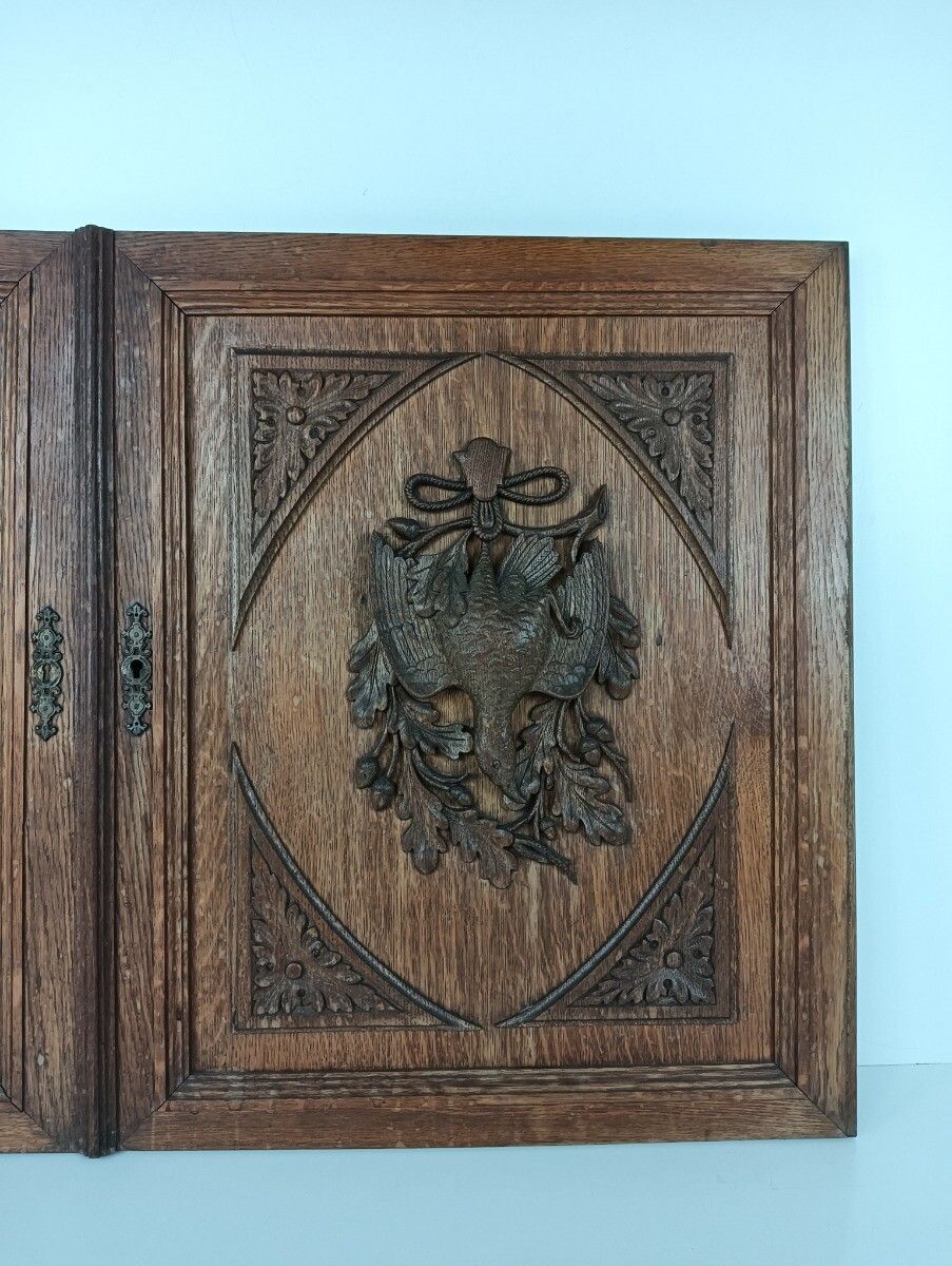 Pair Door Panels Antique Hand Carved Ornate Hunting Pheasants Architectural Salv photo 404.0