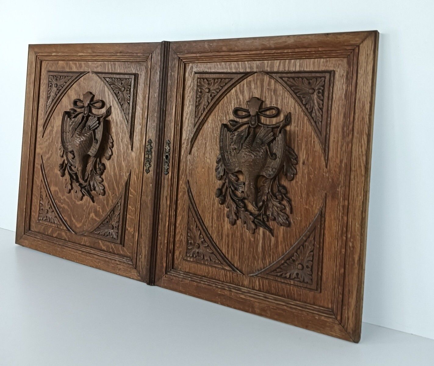 Pair Door Panels Antique Hand Carved Ornate Hunting Pheasants Architectural Salv photo vinterior