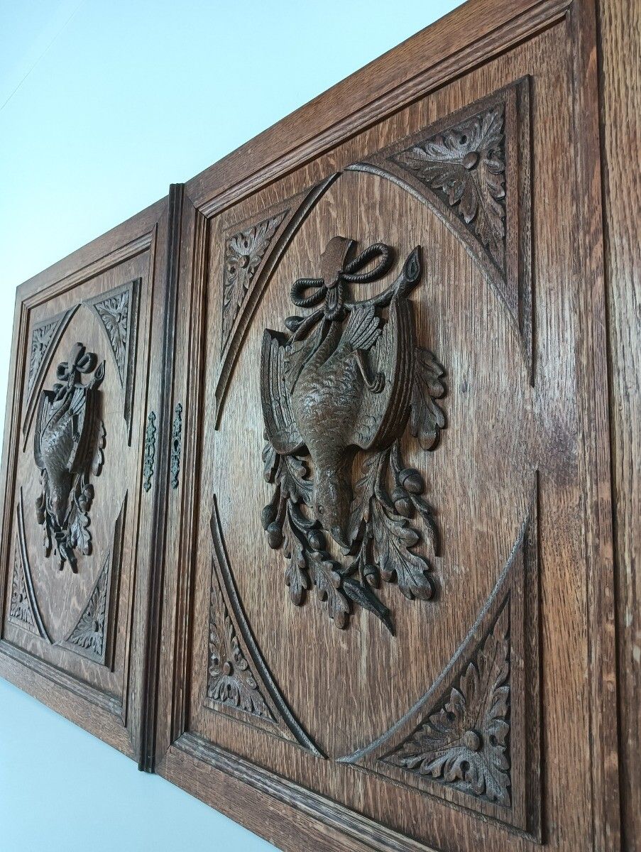 Pair Door Panels Antique Hand Carved Ornate Hunting Pheasants Architectural Salv photo vintage