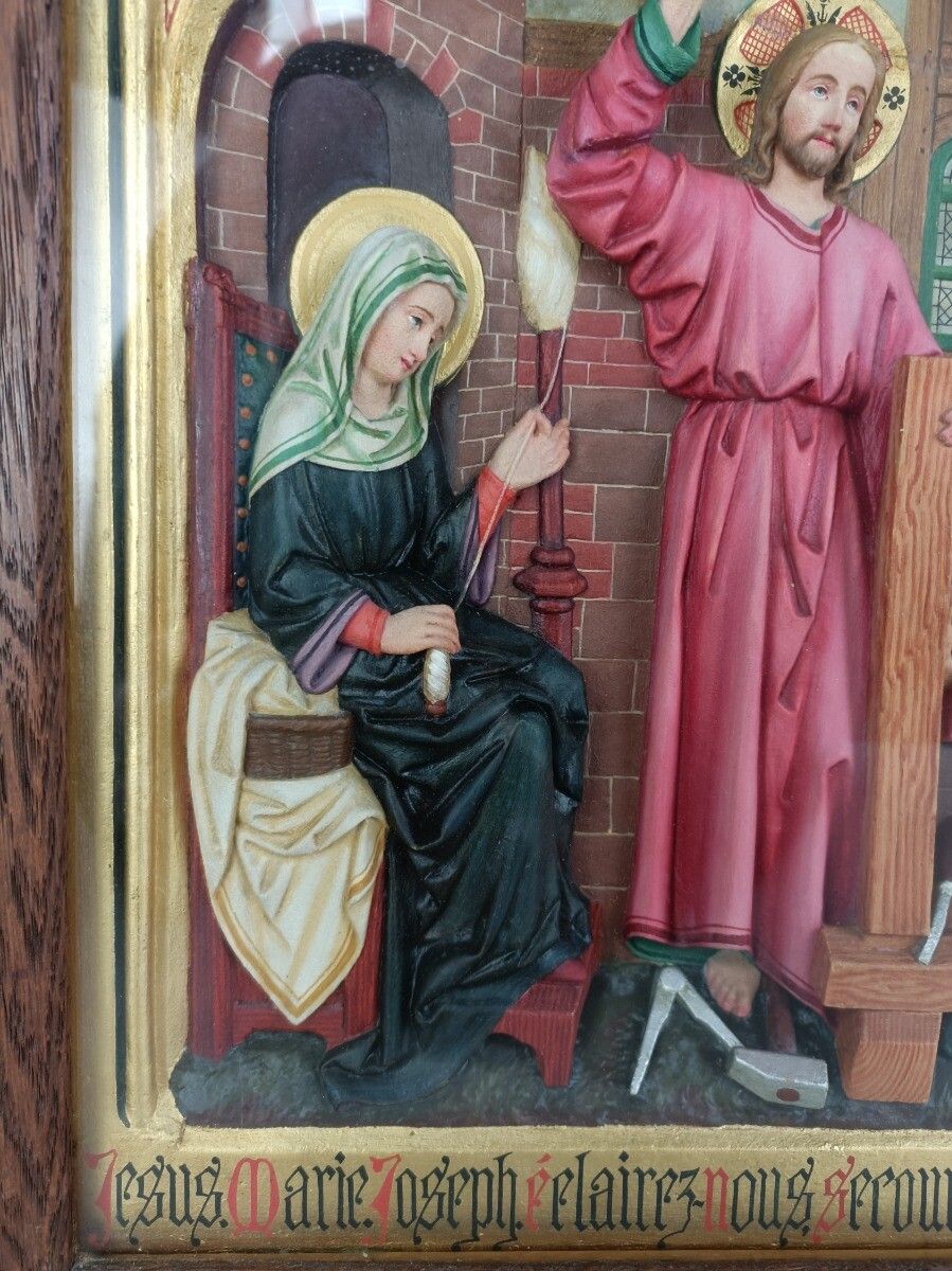 Triptych Handmade Hand Carved Travel Icon France Plaster Text Oak Holy Family Wo photo 788.0