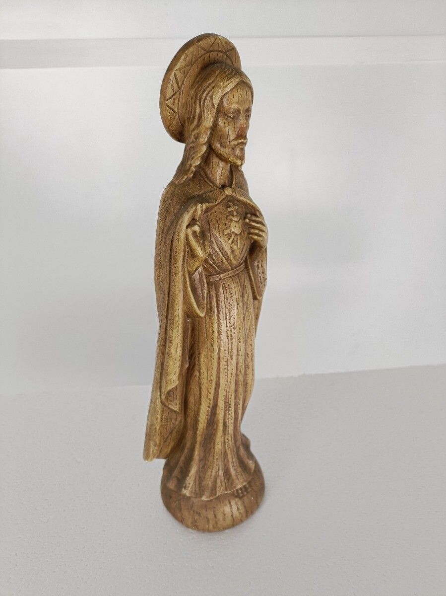 Art Deco Antique Statue Jesus Christ Holy Sacred Heart Plaster Brown Signed S. M photo Art