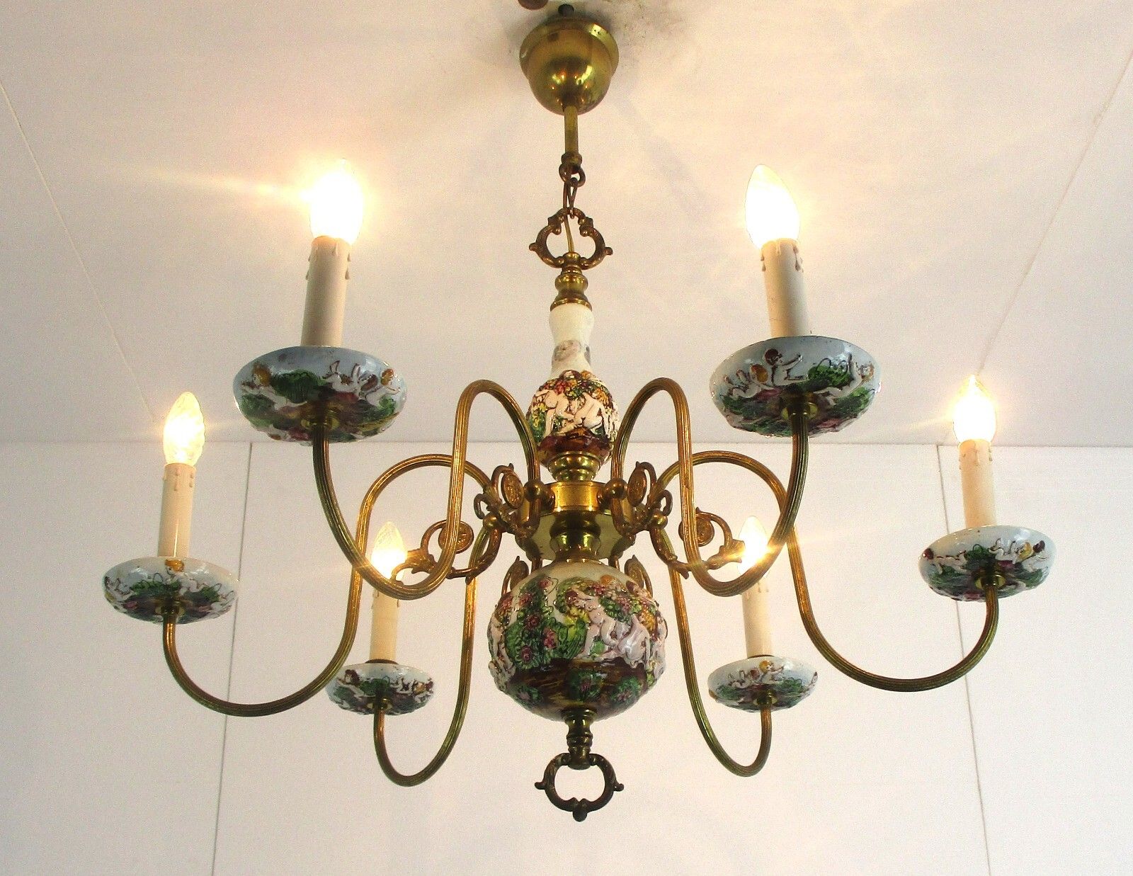 Capodimonte Style Chandelier 6 Arm Italian Porcelain Gorgeous Putti Figurines photo for sale