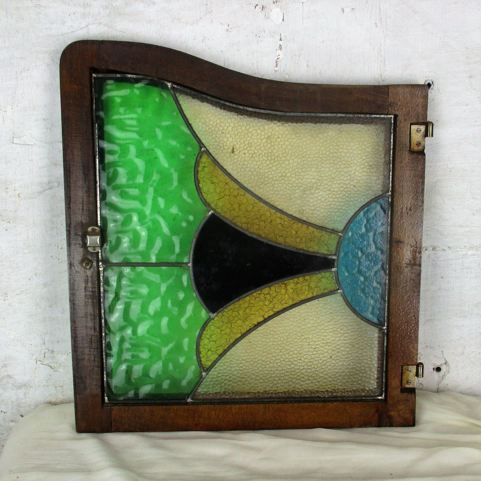 Antique Leaded Glass Cabinet Door Panel Plaque Salvaged Architectural Reclaimed photo Home Fixtures