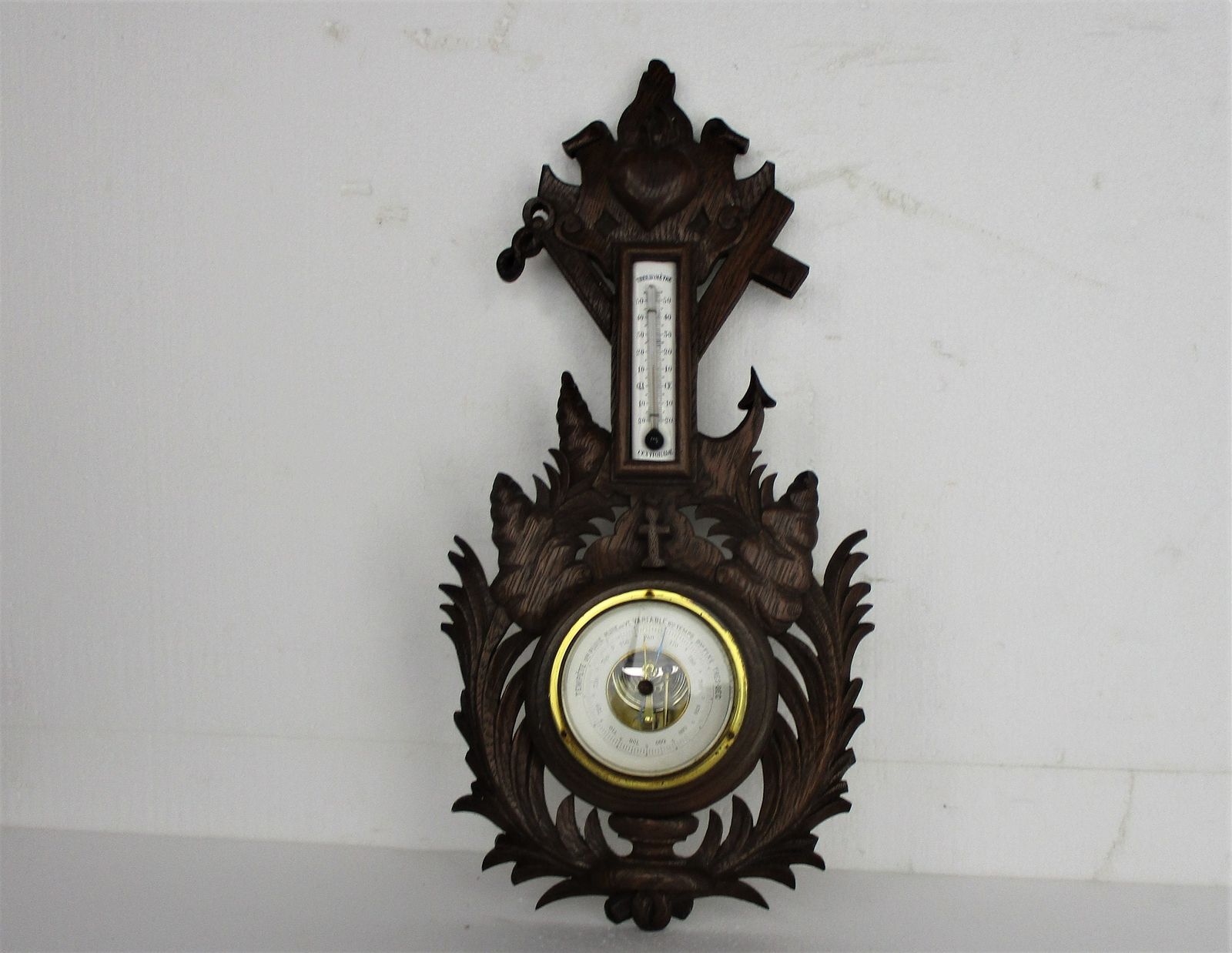 Hand Carved Wood Barometer Thermometer Weather Station French photo for sale