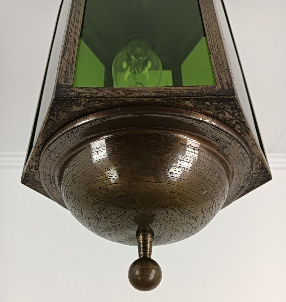 Pendant Lantern Chandelier Green Art Glass Ceiling Light Brass Beautiful Brass photo for sale