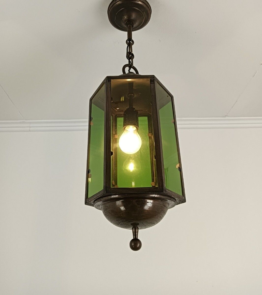 Pendant Lantern Chandelier Green Art Glass Ceiling Light Brass Beautiful Brass photo 437.0