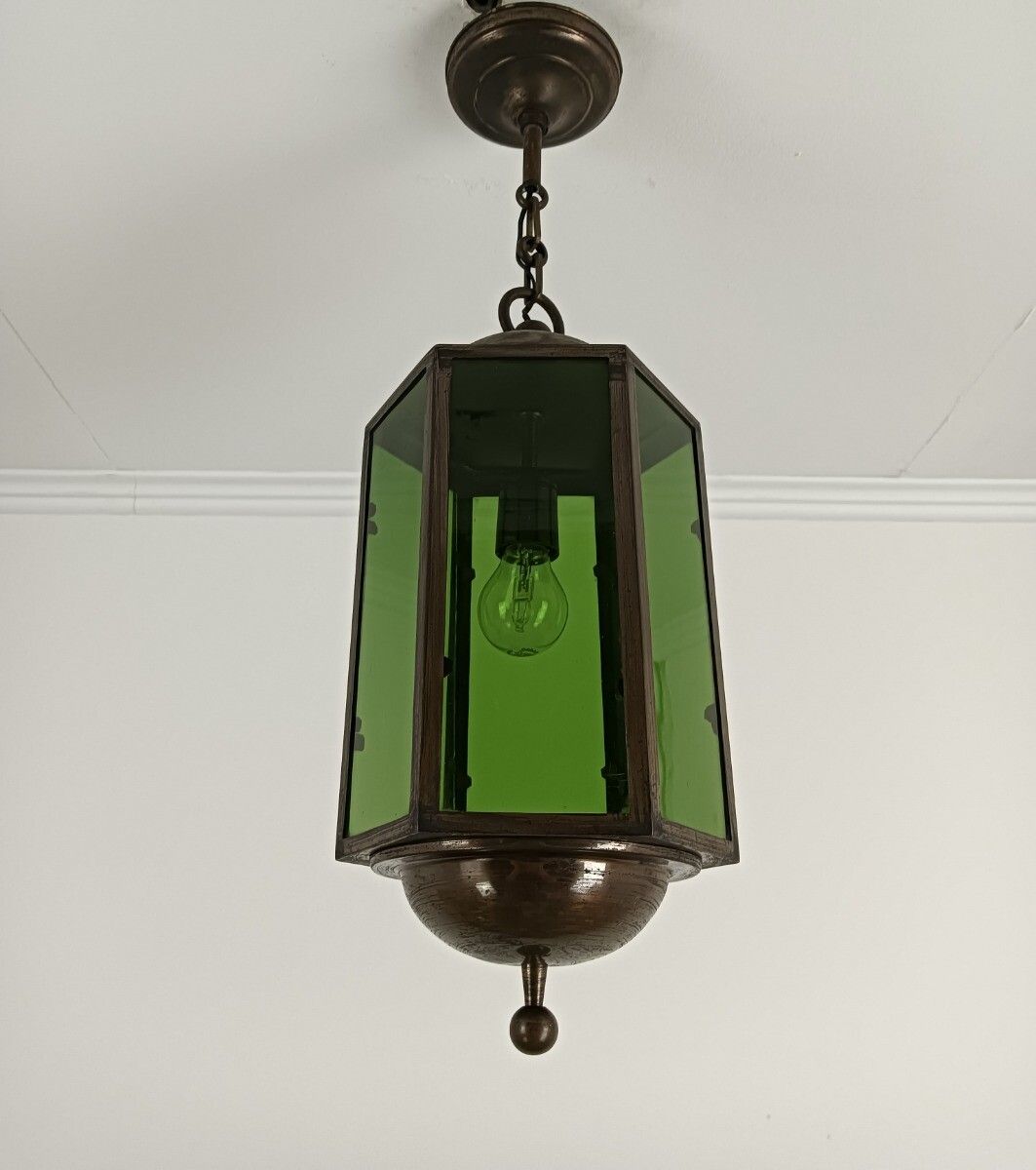 Pendant Lantern Chandelier Green Art Glass Ceiling Light Brass Beautiful Brass photo vinterior