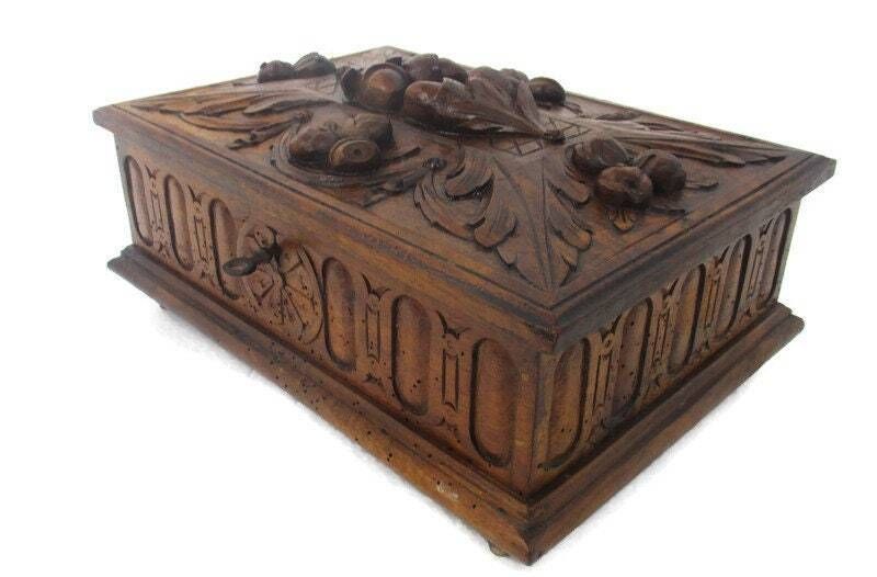 Hand Carved Wooden Trinket  Box Ornate Antique Breton Large High Relief Stunning