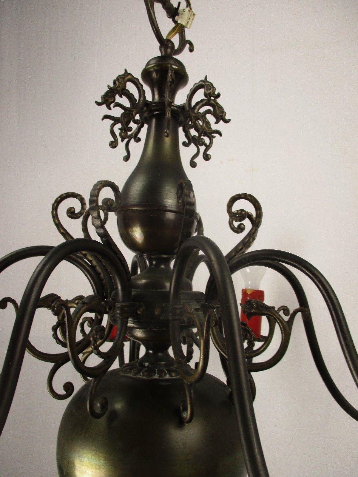 Impressive Huge Gothic Castle Chandelier Ornate Dragons 8 Arm Brass Flanders photo vintage