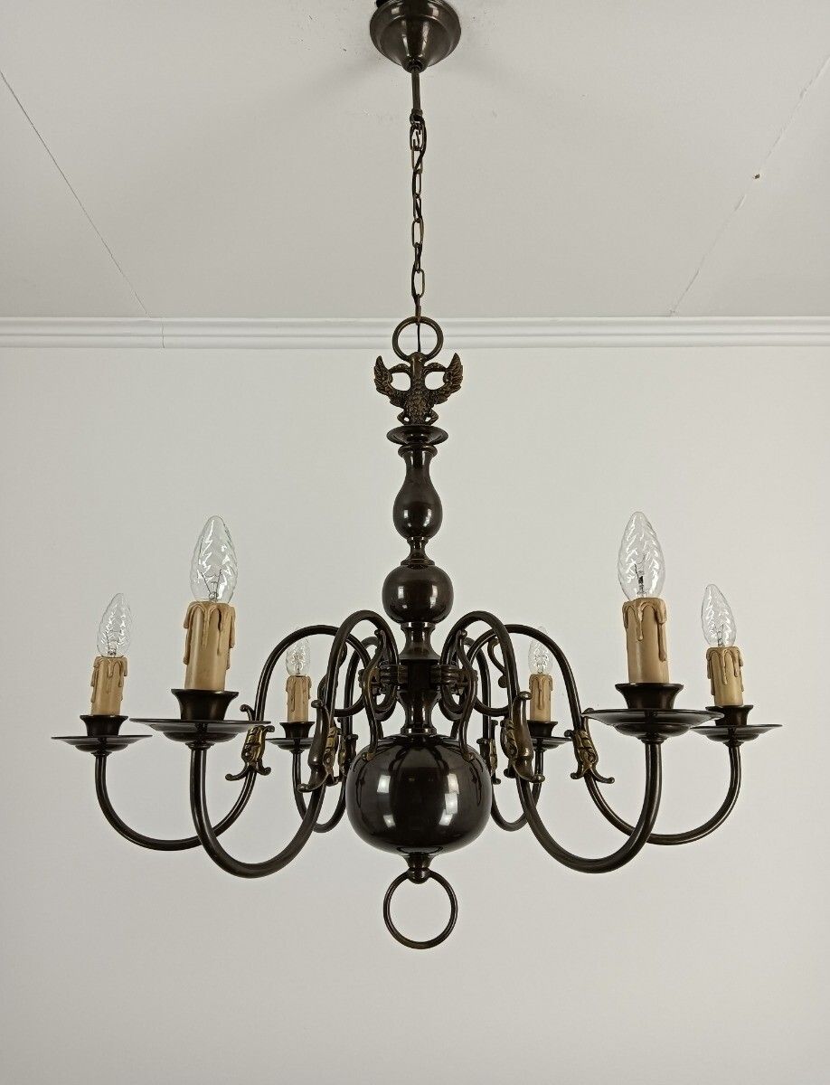 Flemish Dutch Chandelier 6 Arm Lights Brass Eagles Farm Countryhouse Style Vinta photo vinterior