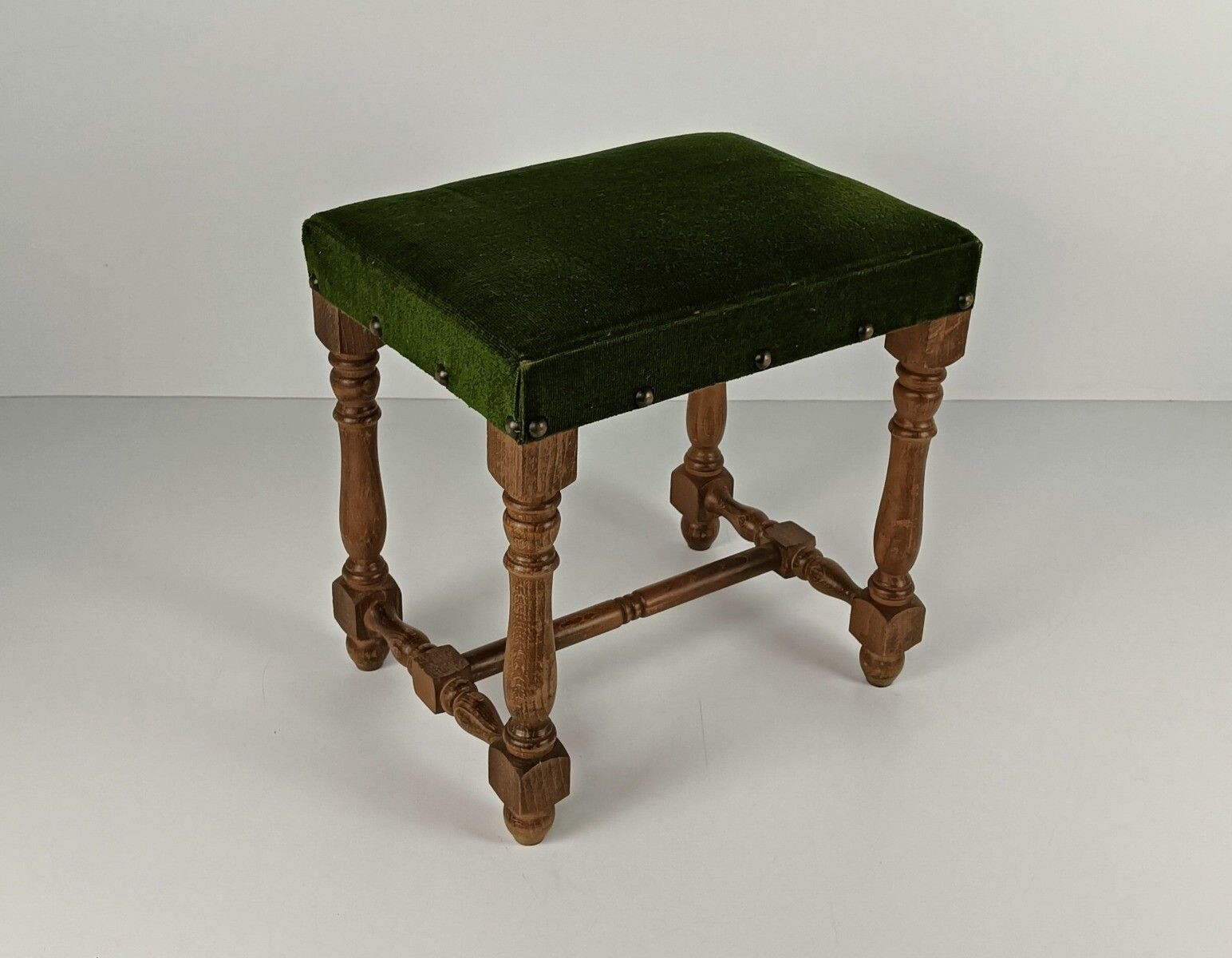 Vintage Foot Stool Ottoman Footstool Wood Green Velvet Fabric Hobnails Modernist photo for sale