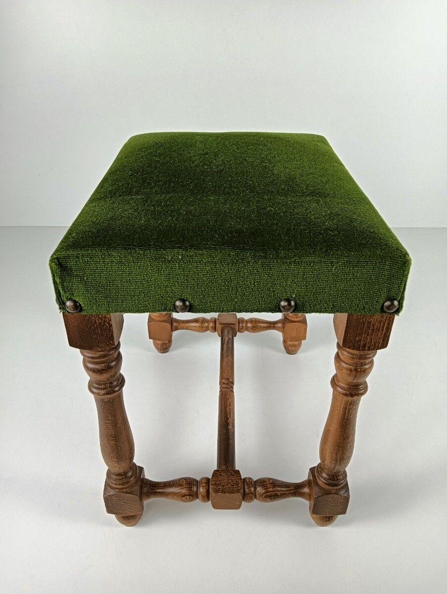 Vintage Foot Stool Ottoman Footstool Wood Green Velvet Fabric Hobnails Modernist photo 190.0