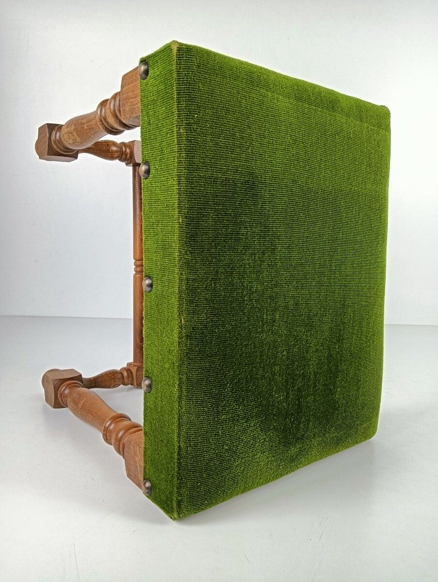 Vintage Foot Stool Ottoman Footstool Wood Green Velvet Fabric Hobnails Modernist photo vintage